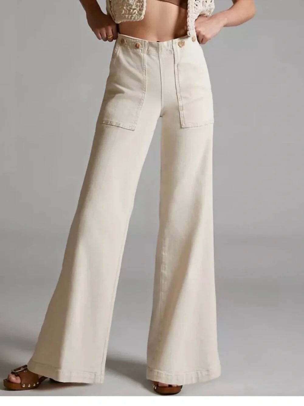 Pilcro The Kit High Rise Wide Leg Utility Trousers Size 30 Ivory Retro 70s